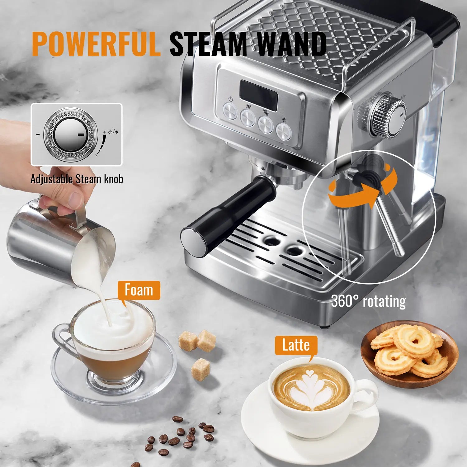 Professional Latte & Cappuccino Maker for Home, 60 Oz  Removable Water Tank